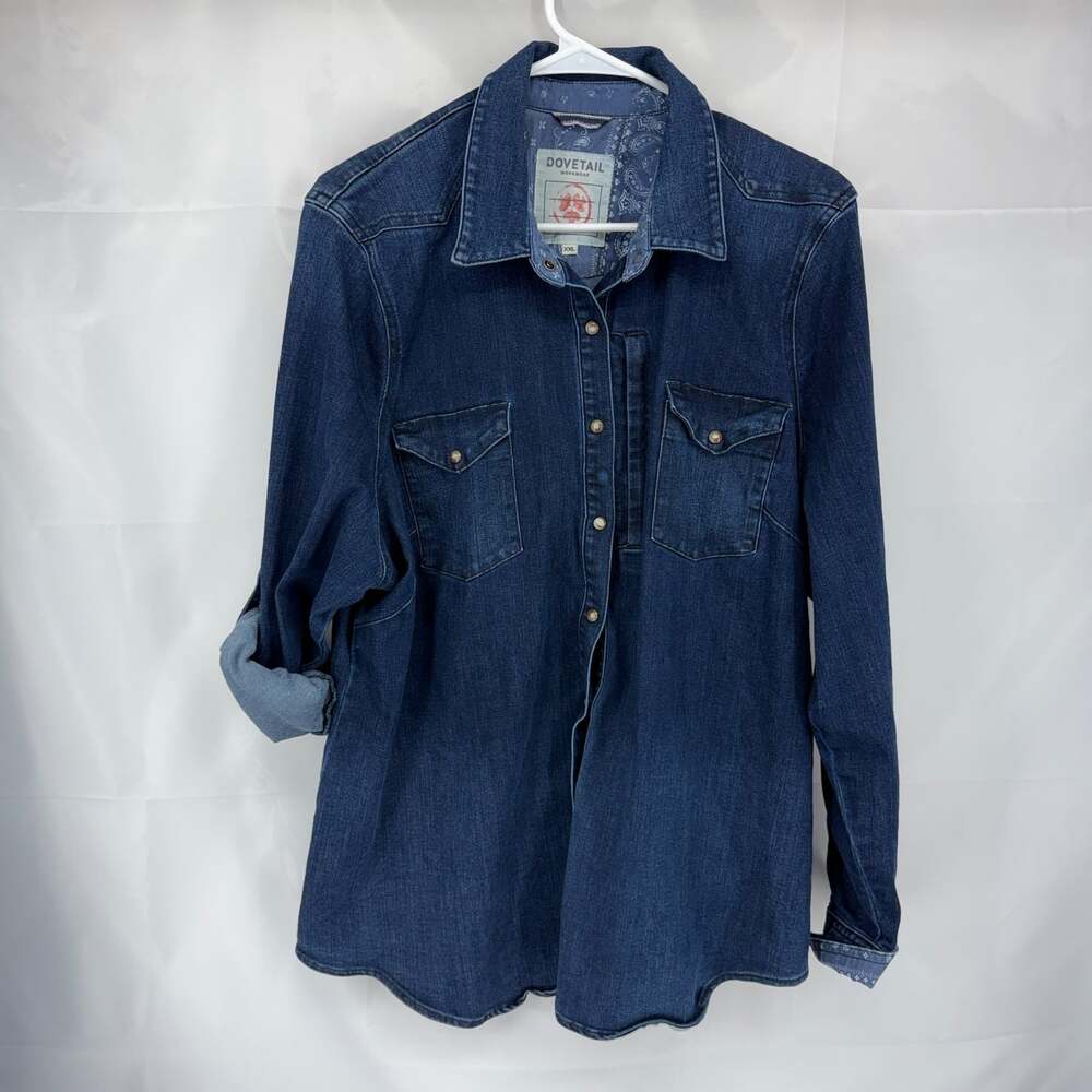 Dovetail Workwear Women XXL Pearl Snap Front Shirt Roll Tab Long Sleeve Denim